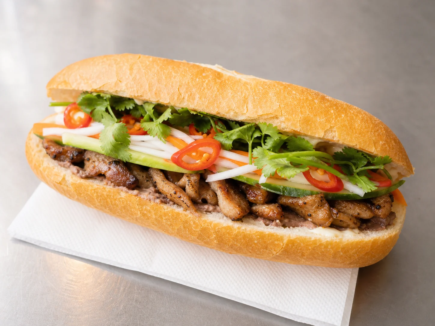 Knuspriges Bánh Mì mit gegrilltem Fleisch und Koriander