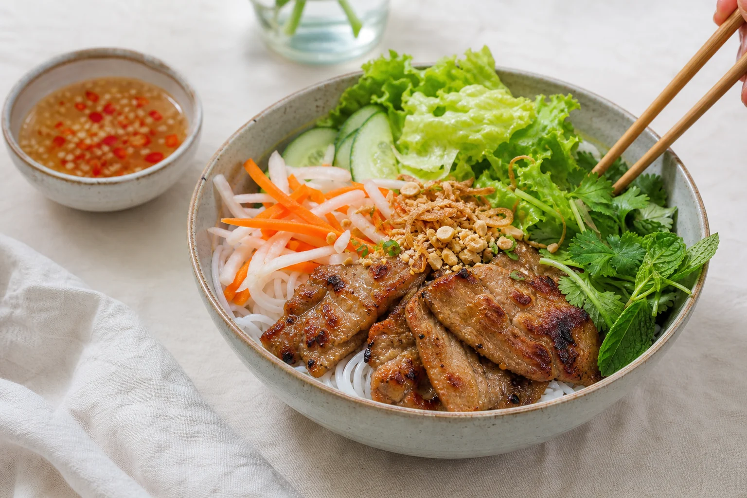 Bún Thịt Nướng mit Reisnudeln, Grillfleisch und Kräutern