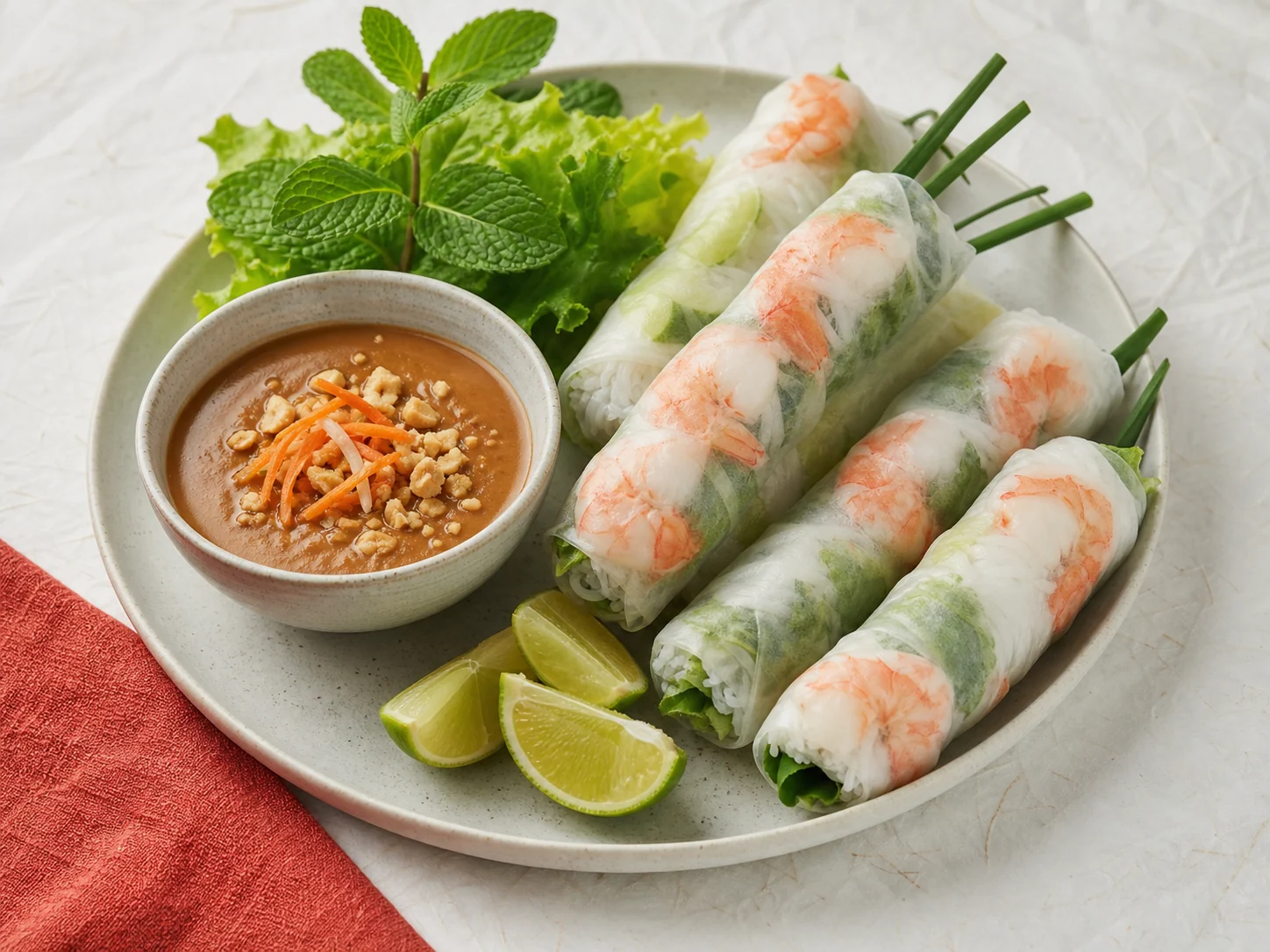 Frische vietnamesische Sommerrollen mit Erdnuss-Dip