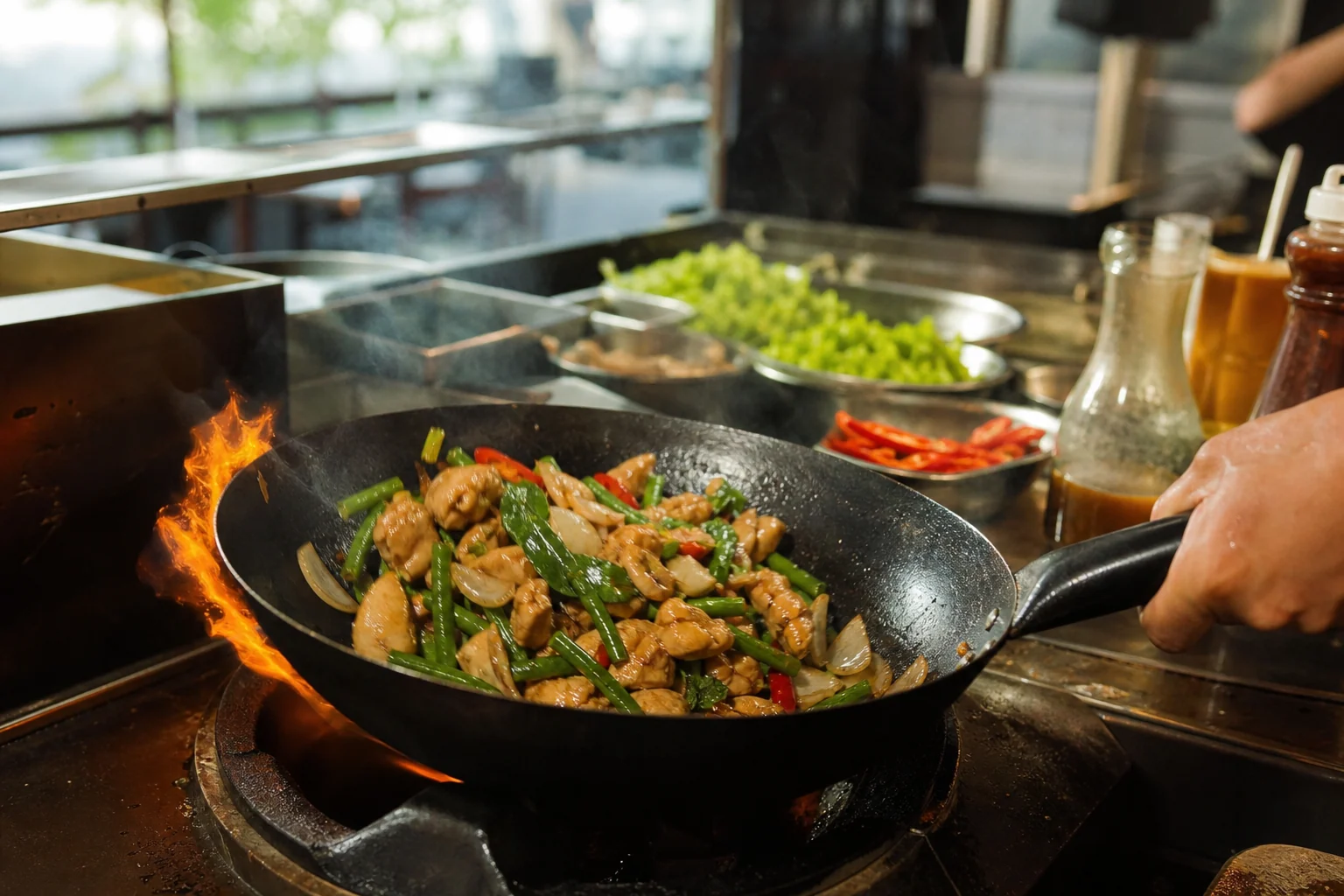 Frisches Hähnchen und Gemüse werden im heißen Wok zubereitet